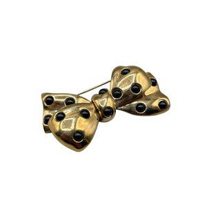 Vintage CAROLEE Bow Pin Brooch Gold Tone with Black Polka Dots Ribbon Pin Signed